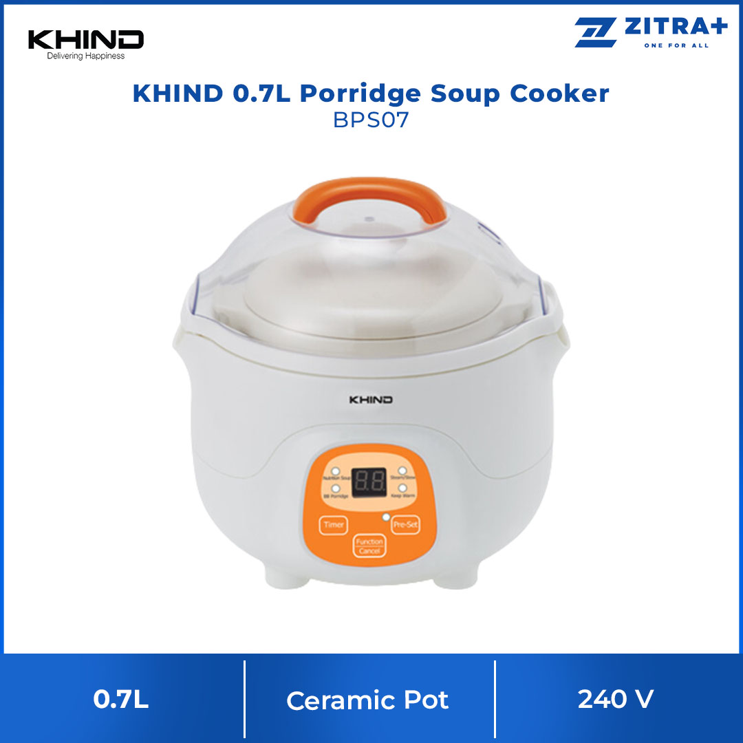 KHIND 0.7L Porridge Soup Cooker BPS07 | High Quality Ceramic Inner Pot | Microcomputer Intelligent Control and Pre-set Timer Function | Porridge Cooker with 1 Year Warranty
