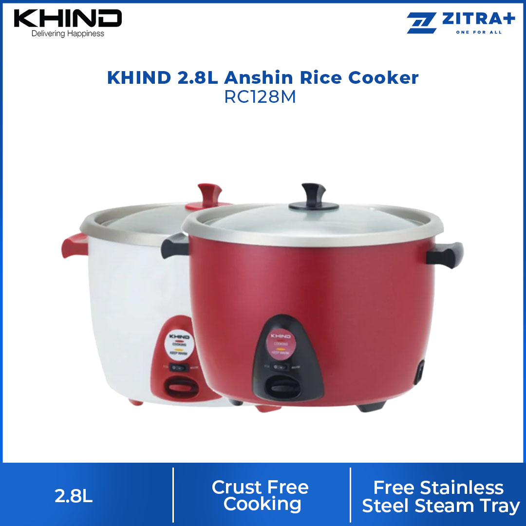 KHIND 2.8L Anshin Rice Cooker RC128M | Free Stainless Steel Steam Tray | Smart Switch | Keep Warm Switch | Rice Cooker with 3 Years Warranty