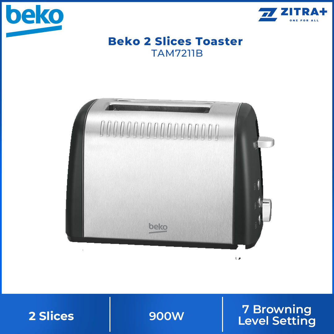 Beko 2 Slices Toaster TAM7211B | Power 900 W | Capacity 2 Toaster | 7 Browning Levels | Defrost Function | Cancel & Reheat & Detachable Crumb Tray | Toaster with 2 Year General Warranty