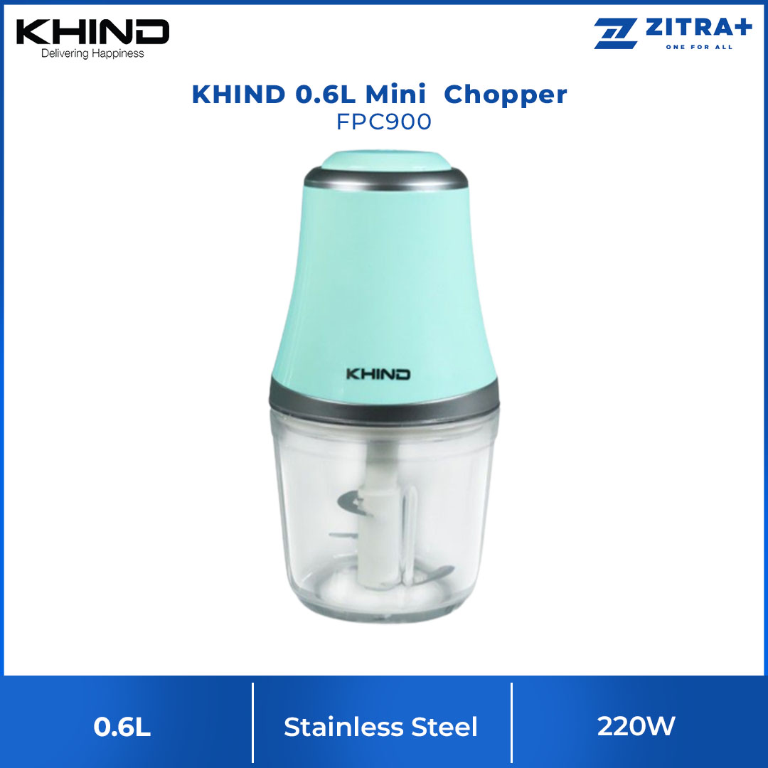 KHIND 0.6L Mini Food Chopper FPC900 | Detachable Knife For Easy Cleaning | SUS304 Stainless Steel Chopping Blades | One Touch Operation | Food Chopper with 1 Year Warranty