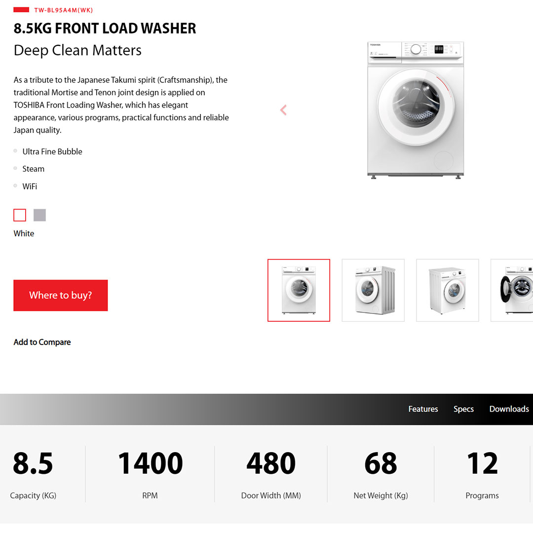 TOSHIBA 8.5KG Front Load Inverter Washing Machine TW-BL95A4M(WK) | Ultra Fine Bubble | Origin Inverter | Steam Wash | Drum Clean | IOT TSmartLife | Add Garment | Washing Machine with 2 Year General Warranty & 2 Year Panel Warranty & 10 Year Motor Warranty
