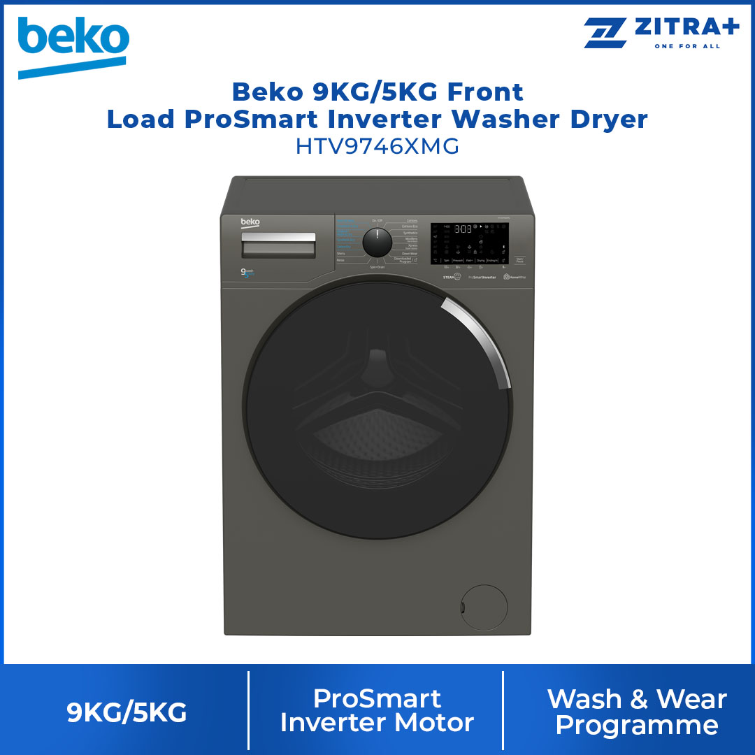 Beko 9KG/5KG Front Load ProSmart Inverter Washer Dryer HTV9746XMG | ProSmart Inverter Motor | 15 Preset Programmes | Hygiene+ Wash & Dry Programme | Washer Dryer with 2 Years General Warranty & 12 Years Motor Warranty