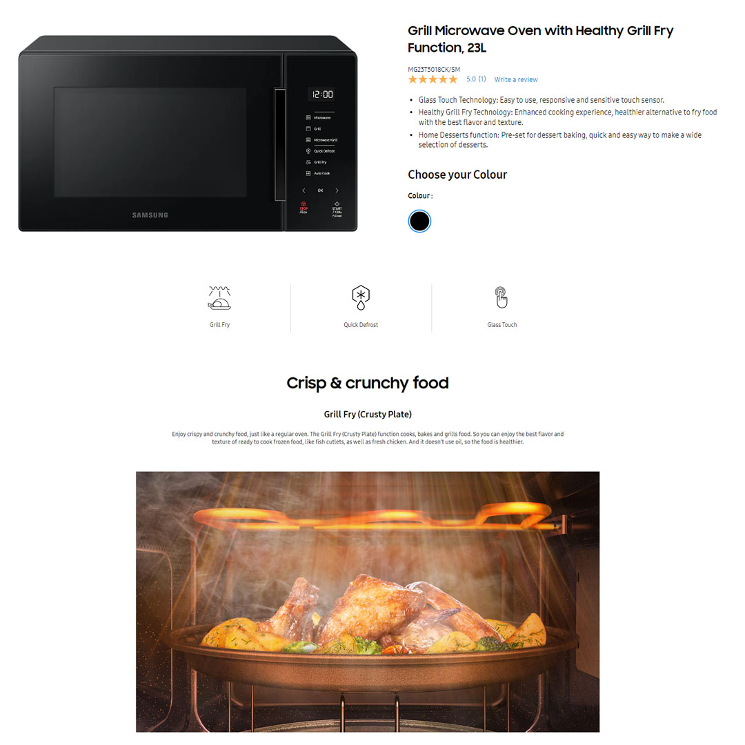 SAMSUNG 23L Grill Microwave Oven with Healthy Grill Fry Function | MG23T5018CK/SM | MG23T5018CP/SM | Healthy Grill Fry Function | Fast Defrosting | Microwave Oven with 1 Year Warranty