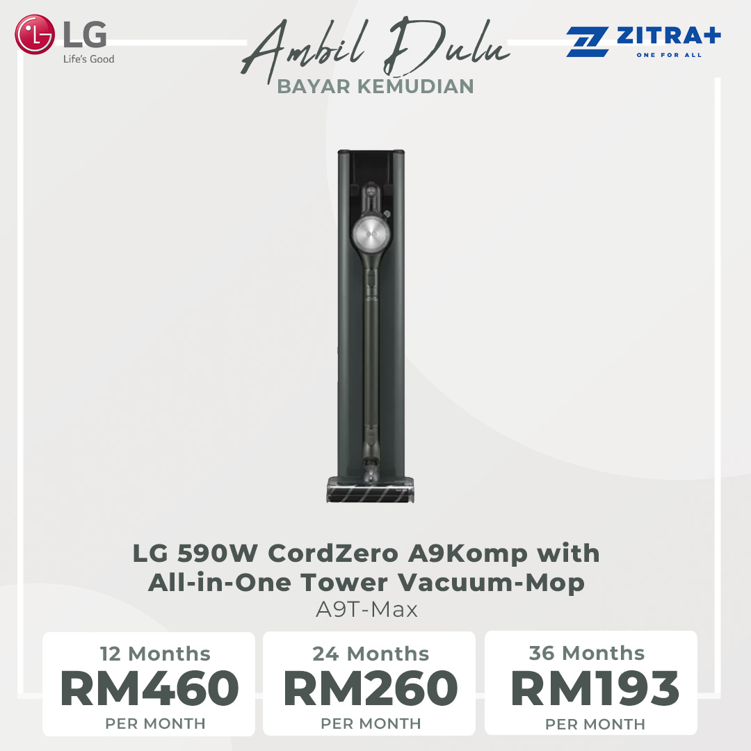 LG 590W CordZero A9Komp with All-in-One Tower Vacuum-Mop A9T-Max | Smart Inverter Motor | 5 step Filtration | Dual Battery Packs | Stick Vacuum with 2 Year Warranty