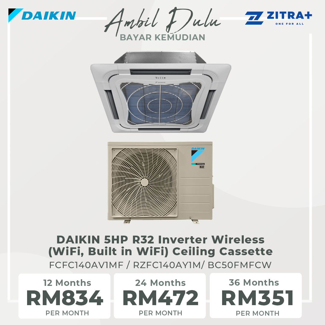 DAIKIN 5HP R32 Inverter Wireless (WiFi, Built in WiFi) Ceiling Cassette FCFC140AV1MF/RZFC140AY1M/BC50FMFCW | Smart Control | GinIon Blue Filter | Plasma Technology | Powerful Operation | Sleep Mode | Outdoor Blue Fin | Air Conditioner with 1 Year Warranty