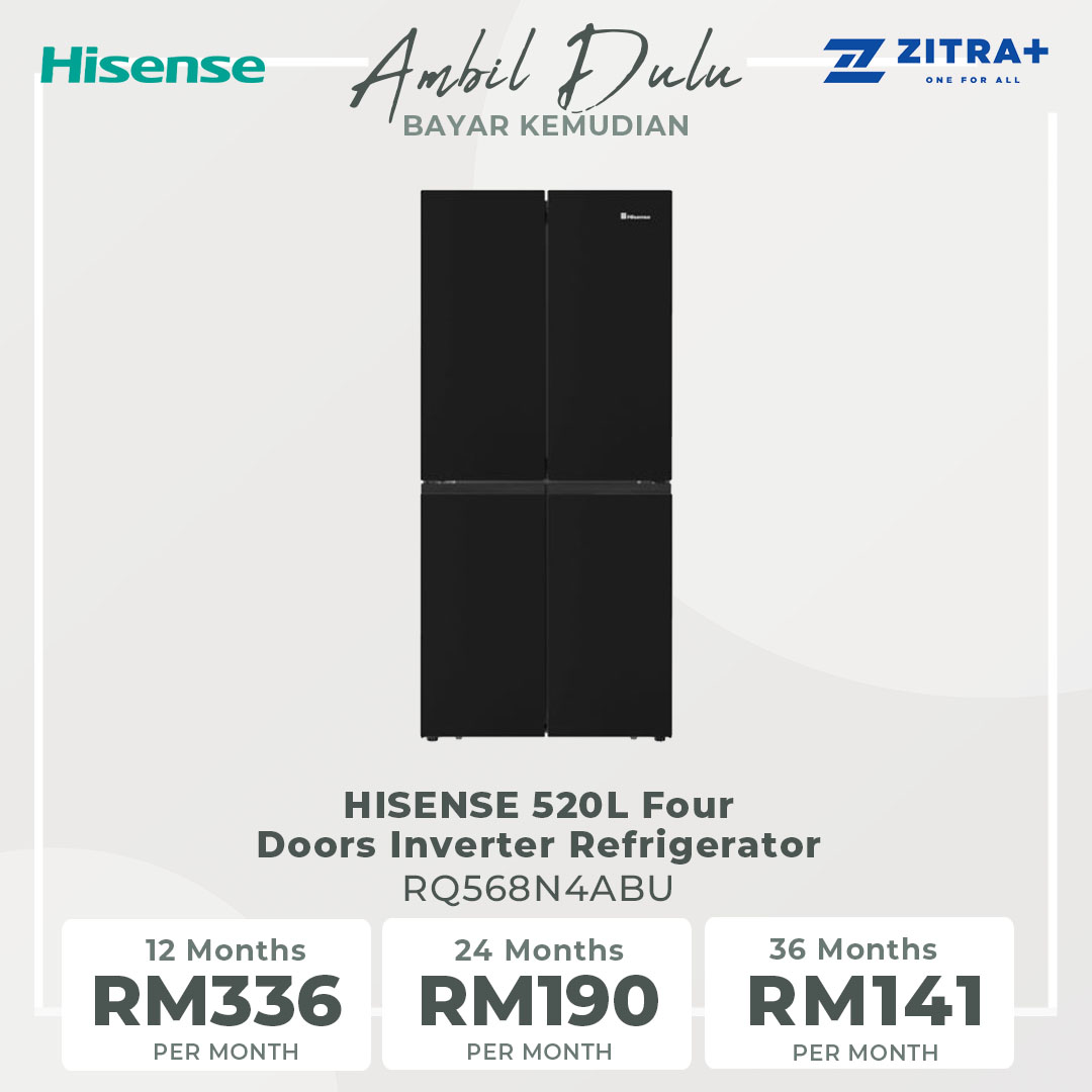 HISENSE 520L Four Doors Inverter Refrigerator RQ568N4ABU | Double Cooling | Metal-Tech Cooling | Led Lighting | Refrigerator with 3 Years Warranty