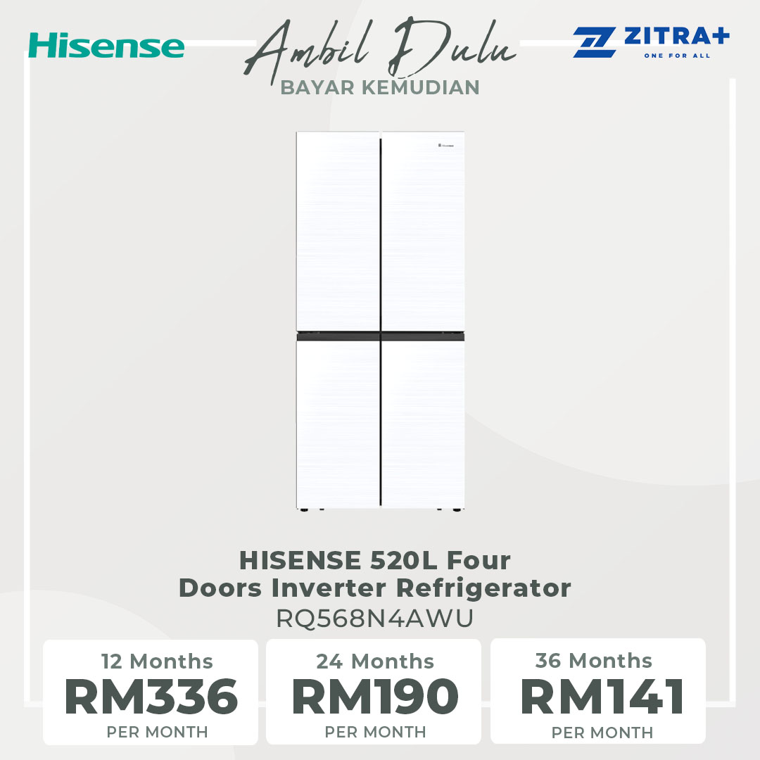 HISENSE 520L Four Doors Inverter Refrigerator RQ568N4AWU | Double Cooling | Metal-Tech Cooling | Metal Glide Drawer | Led Lighting | Refrigerator with 3 Years Warranty