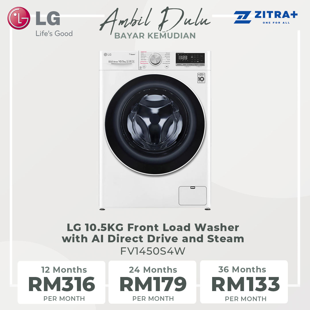 LG 10.5KG Front Load Washer with AI Direct Drive and Steam FV1450S4W | 6 Motion | Smart Diagnosis | Wifi | Tub Clean | Easy Care | Silent Wash | Smart Appliance | Loa Washer with 1 Year Warranty