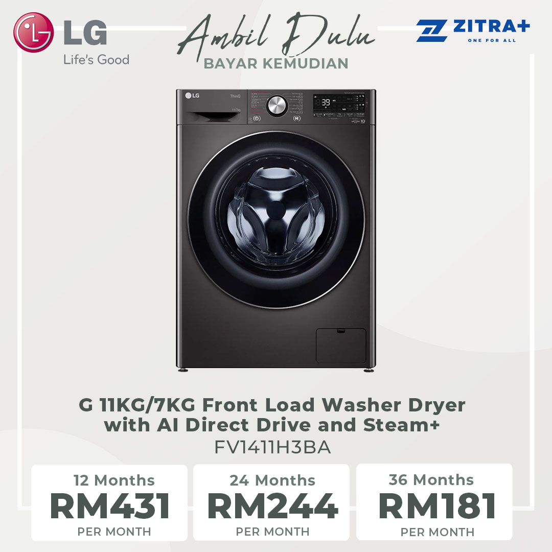 LG 11KG/7KG Front Load Washer Dryer with AI Direct Drive and Steam+ FV1411H3BA  | Turbowash 360° | Wi-Fi | Easy Care | Eco Hybrid | Tub Clean  | Speed Wash | Allergy Care | Turbo Dry | Washing Machine with 1 Year Warranty