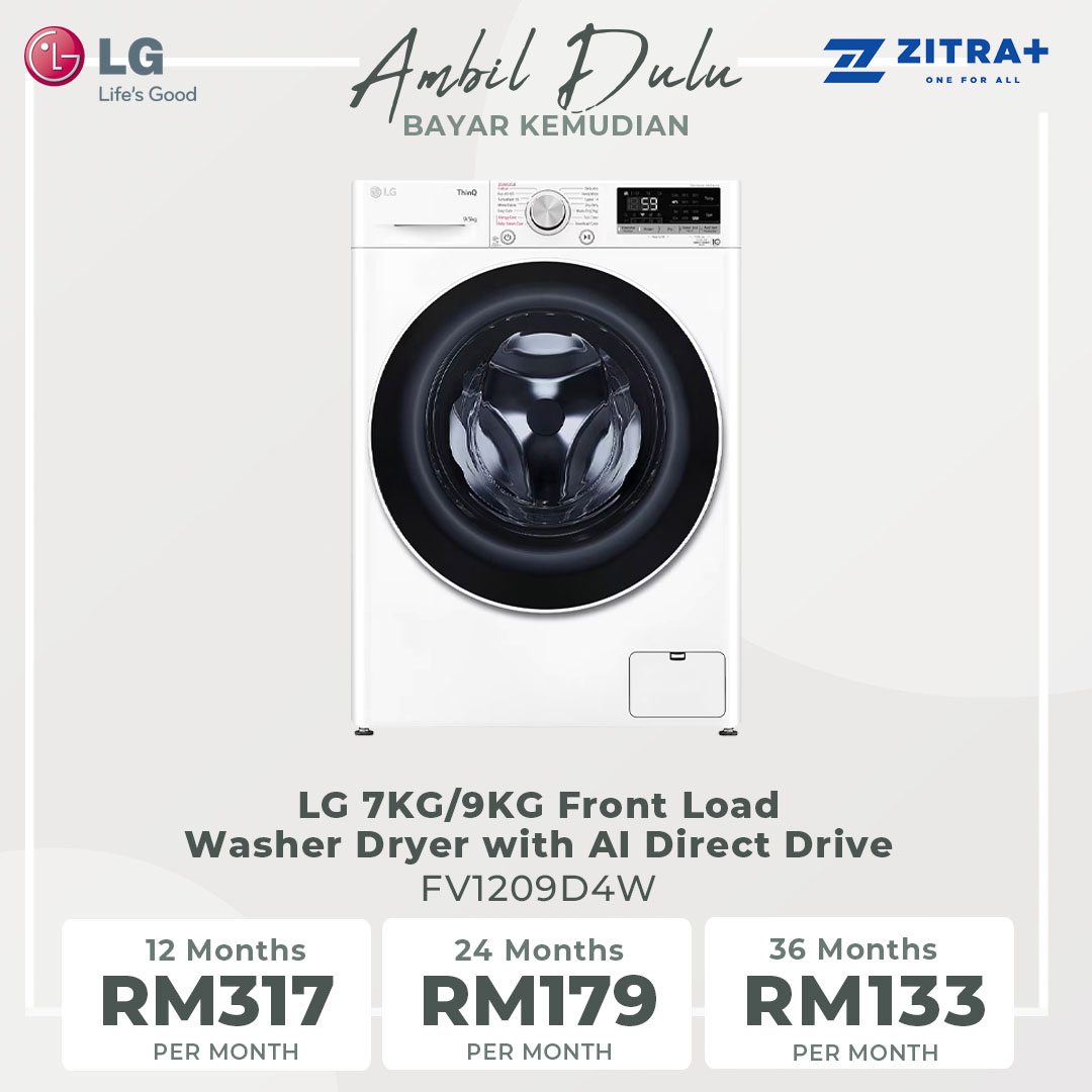 LG 9KG/5KG Front Load Washer Dryer with AI Direct Drive FV1209D4W  | 6 Motion | Smart Diagnosis | Easy Care | Cotton+ | Rinse+Spin | Quick 30 | Load Washer with 1 Year Warranty