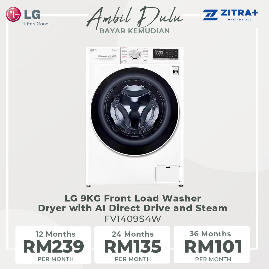 LG 9KG Front Load Washer with AI Direct Drive and Steam FV1409S4W  | Wifi | 6 Motion | Allergy Care | Quick 30 | Smart Diagnosis | Easy Care | Tub Clean | Cotton+ | Delicate | Silent Wash | Washer Dryer with 1 Year Warranty