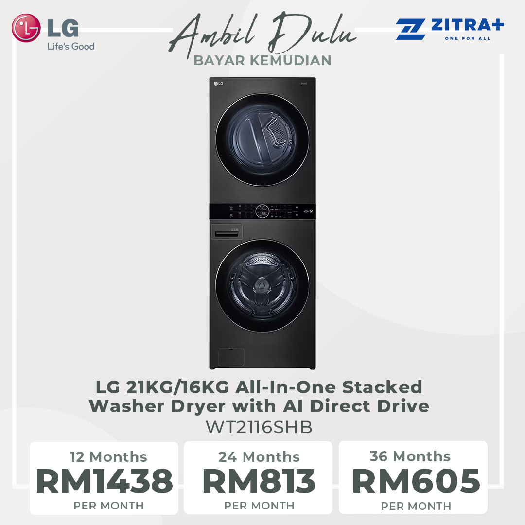 LG 21KG/16KG All-In-One Stacked Washer Dryer with AI Direct Drive WT2116SHB | Heat Pump Dryer | Smart Pairing | Safety Lock | Washer Dryer with 1 Year Warranty