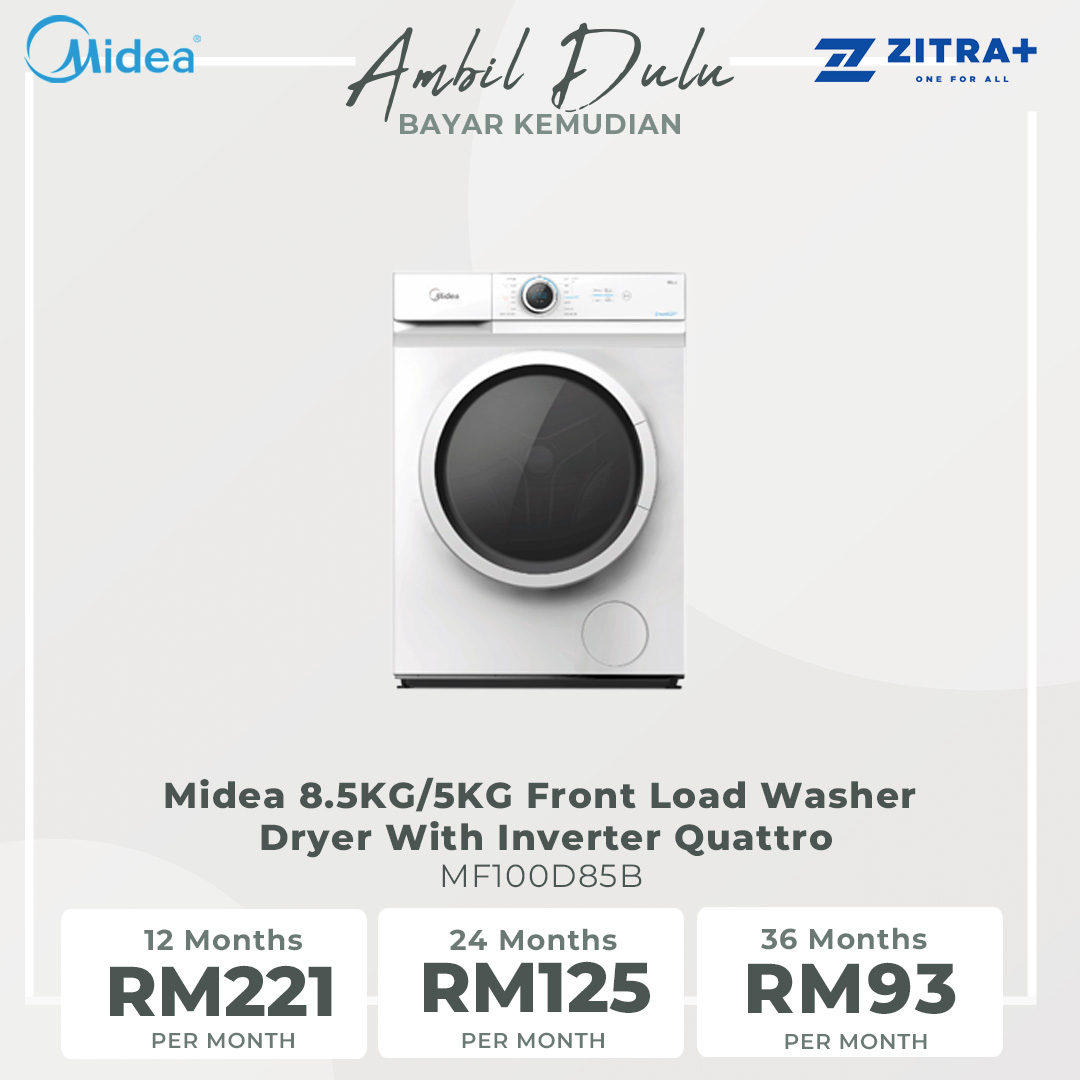 Midea 8.5KG/5KG Front Load Washer Dryer With Inverter Quattro MF100D85B | Inverter Motor | Auto Clean | 45min Rapid Wash | 2 Year Warranty