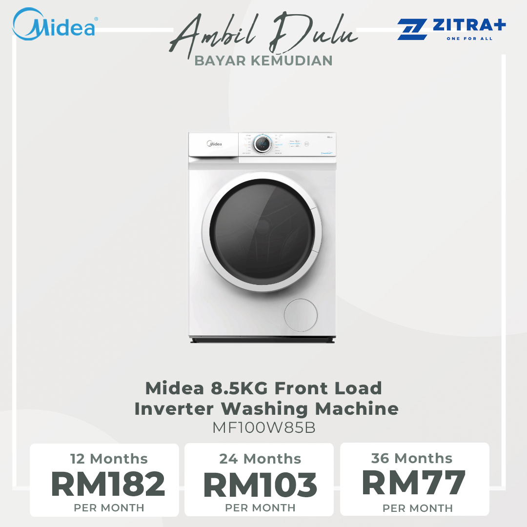Midea 8.5KG Front Load Inverter Washing Machine MF100W85B | One Touch Pre-Wash | Broad Vision Port | Inverter Motor | 2 Years Warranty