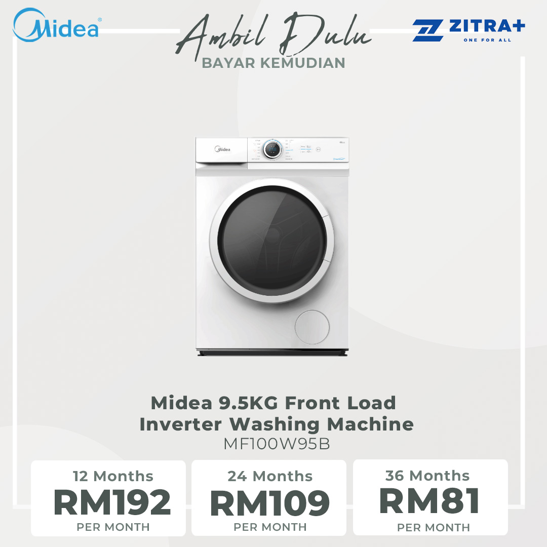 Midea 9.5KG Front Load Inverter Washing Machine MF100W95B | One Touch Pre-Wash | Broad Vision Port | Inverter Motor | 2 Years Warranty