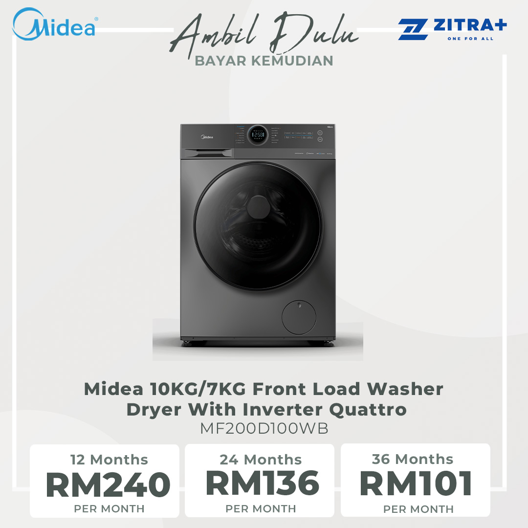 Midea 10KG/7KG Front Load Washer Dryer With Inverter Quattro MF200D100WB  | Inverter Motor | Smart Control | Auto Clean | 2 Years Warranty