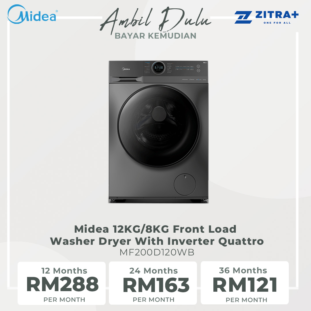 Midea 12KG/8KG Front Load Washer Dryer With Inverter Quattro  MF200D120WB | Inverter Motor | Smart Control | Auto Clean | 45min Rapid Wash | Turbo Wash | Lunar Dial | Add Garment | 90 Degree Celsius Drum Clean | Washing Machine with 2 Year Warranty