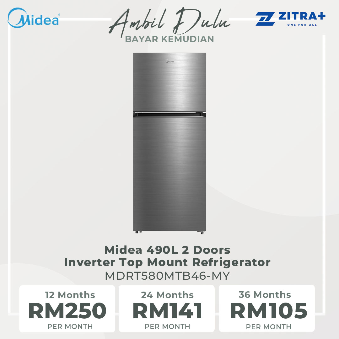 Midea 490L 2 Doors Inverter Top Mount Refrigerator MDRT580MTB46-MY | Inverter Quattro | Active-C Fresh | Big Cooling Zone | Big Ice Tray | Smart Sensor | Electronic Control | Highlight LED | Refrigerators with 1 Year Warranty