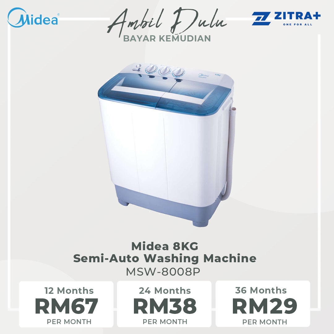 Midea 8KG Semi-Auto Washing Machine MSW-8008P |  Wash Drain Selector | Wash Timer Selector | Spin Timer Selector | Fibre Body | Washing Machine with 1 Year Warranty