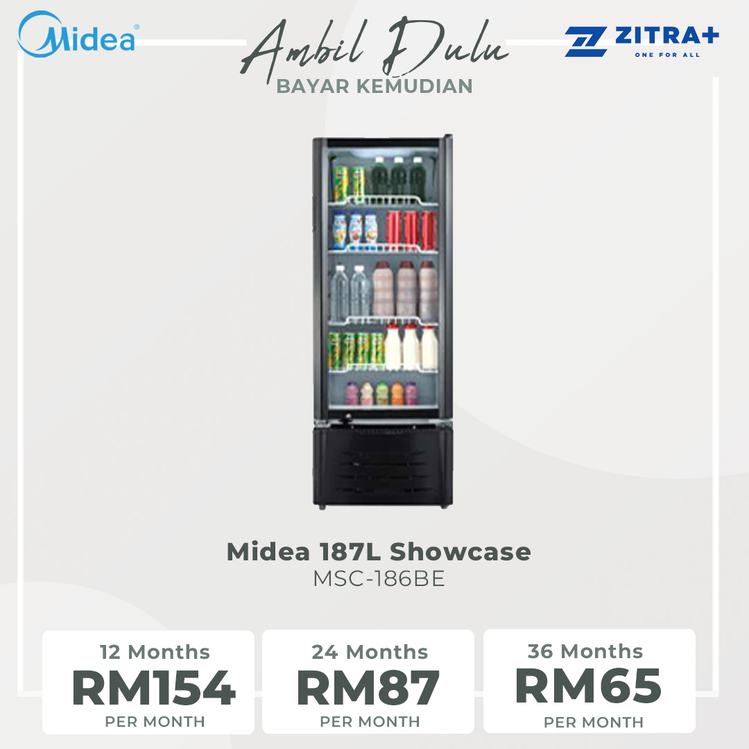 Midea 187L Showcase  MSC-186BE | Hollow Tempered Glass | Recessed Handle | Multi-Layer Shelf | Showcase with 1 Year Warranty