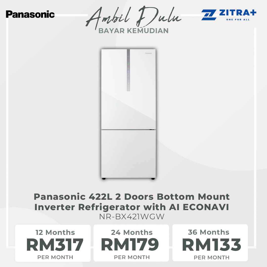 Panasonic 422L 2 Doors Bottom Mount Inverter Refrigerator with AI ECONAVI NR-BX421WGW | Faster Soft Freezing Keeps Food Fresh With Prime Fresh | Anti-Bacterial Effect | Moisture Retained For Vegetable Storage | Refrigerator With 1 Year Warranty
