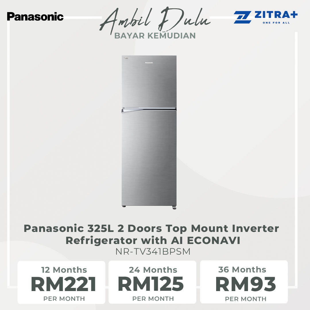 Panasonic 325L 2 Doors Top Mount Inverter Refrigerator with AI ECONAVI  NR-TV341BPSM | Hygienic Storage With Blue Ag | Clean Air Surrounds Your Food | Cost Saving With Optimum Cooling According To Your Lifestyle | Refrigerator With 1 Year Warranty