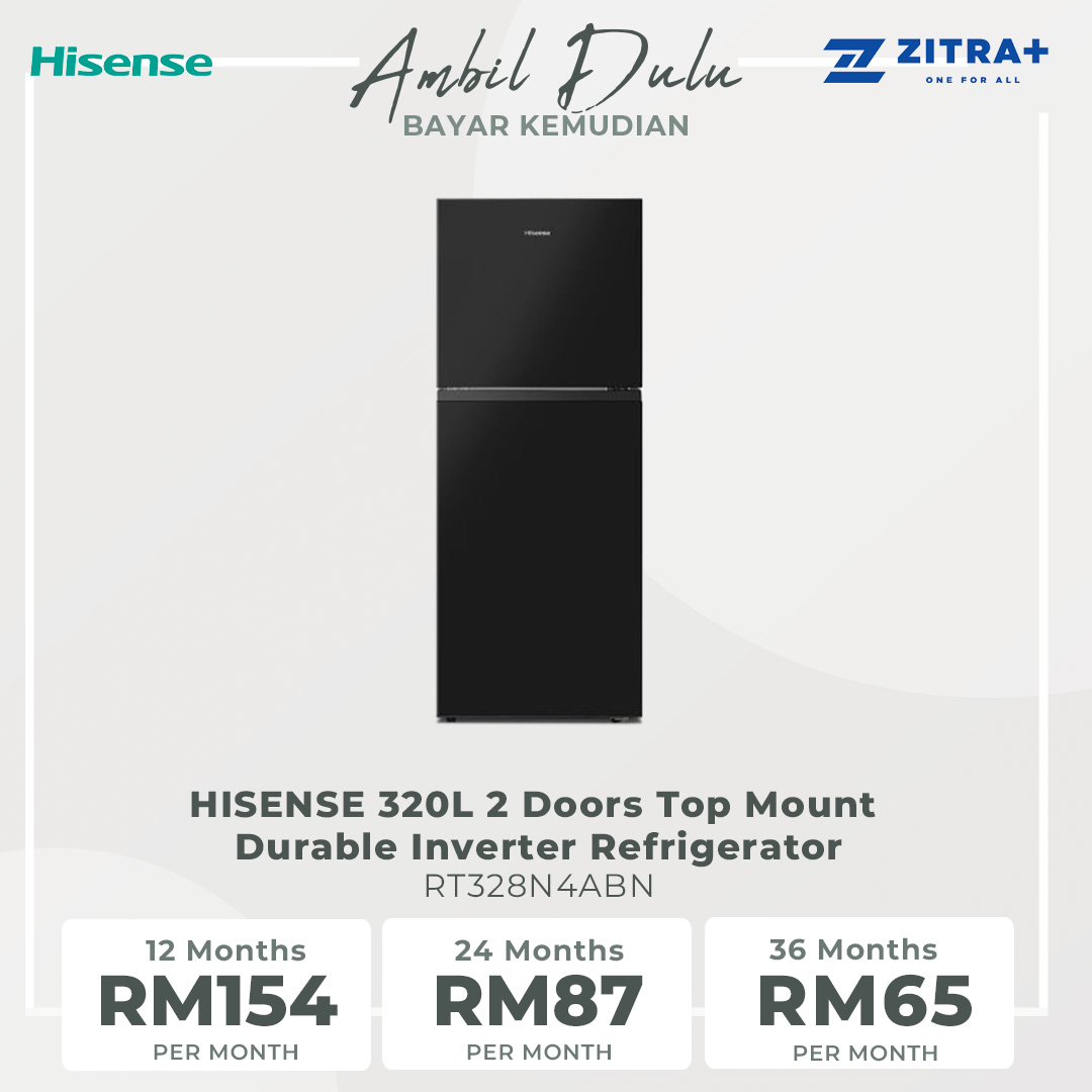 HISENSE 320L 2 Doors Top Mount Durable Inverter Refrigerator RT328N4ABN | Multi Air Flow | Deodorizing Filter | Durable Inverter | LED Lighting | Fresh Zone | Refrigerator with 3 Year Warranty
