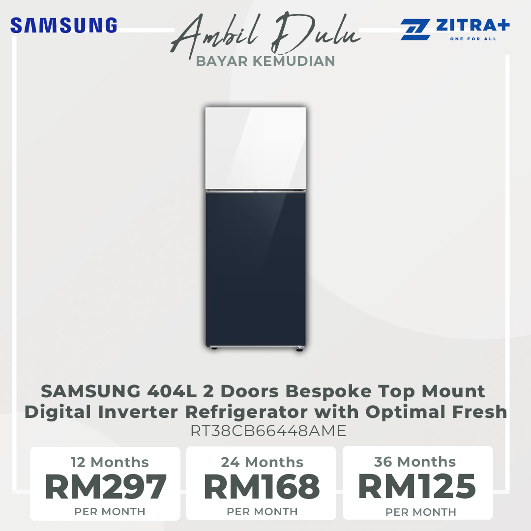 SAMSUNG 404L 2 Doors Bespoke Top Mount Digital Inverter Refrigerator with Optimal Fresh RT38CB66448AME | SpaceMax™ | All-Around Cooling | Multi Flow | Optimal Fresh Zone | Refrigerator with 1 Year Warranty