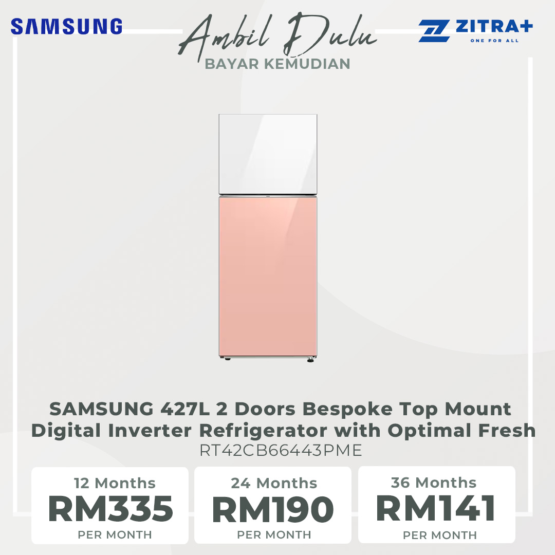 SAMSUNG 427L 2 Doors Bespoke Top Mount Digital Inverter Refrigerator with Optimal Fresh RT42CB66443PME | SpaceMax™ | All-Around Cooling | Multi Flow | Optimal Fresh Zone | Refrigerator with 1 Year Warranty