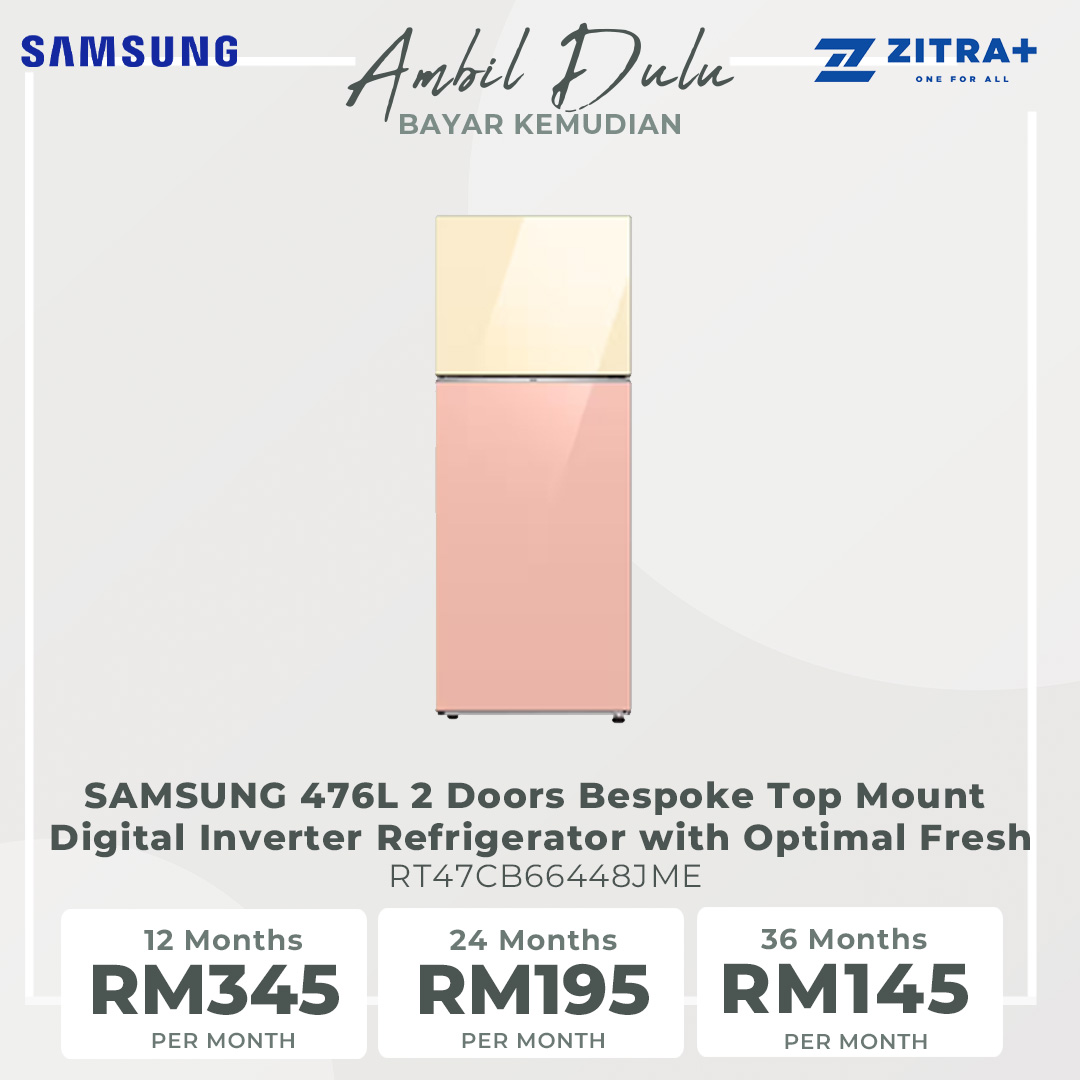 SAMSUNG 476L 2 Doors Bespoke Top Mount Digital Inverter Refrigerator with Optimal Fresh RT47CB66448JME | SpaceMax™ | All-Around Cooling | Multi Flow | Optimal Fresh Zone | Refrigerator with 1 Year Warranty