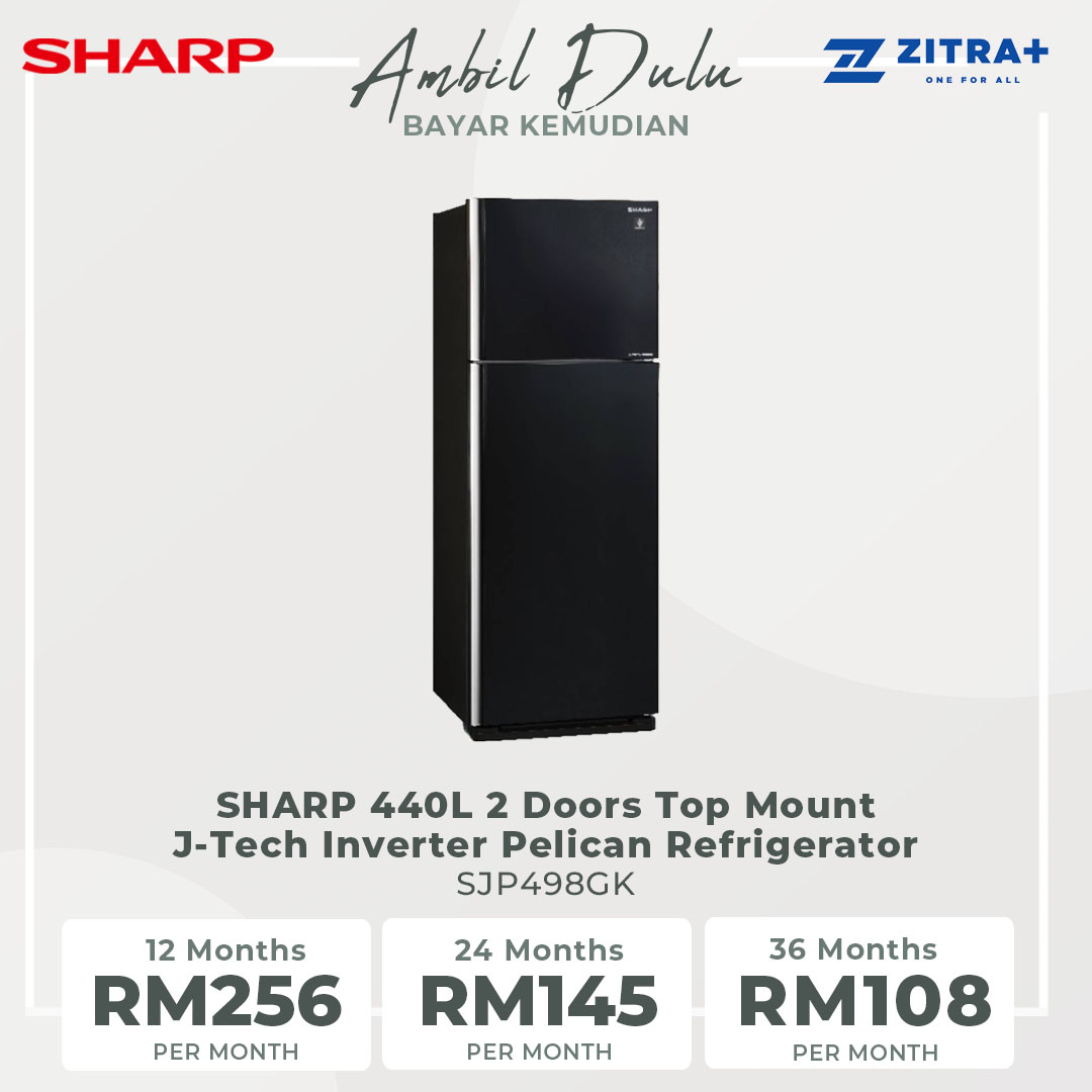 SHARP 440L 2 Doors Top Mount J-Tech Inverter Pelican Refrigerator SJP498GK |  J-Tech Inverter Technology | Internal Temperature Control | Extra Cool | Express Freezing | Child Lock | Door Alarm | Ice Maker | Refrigerator with 1 Year Warranty