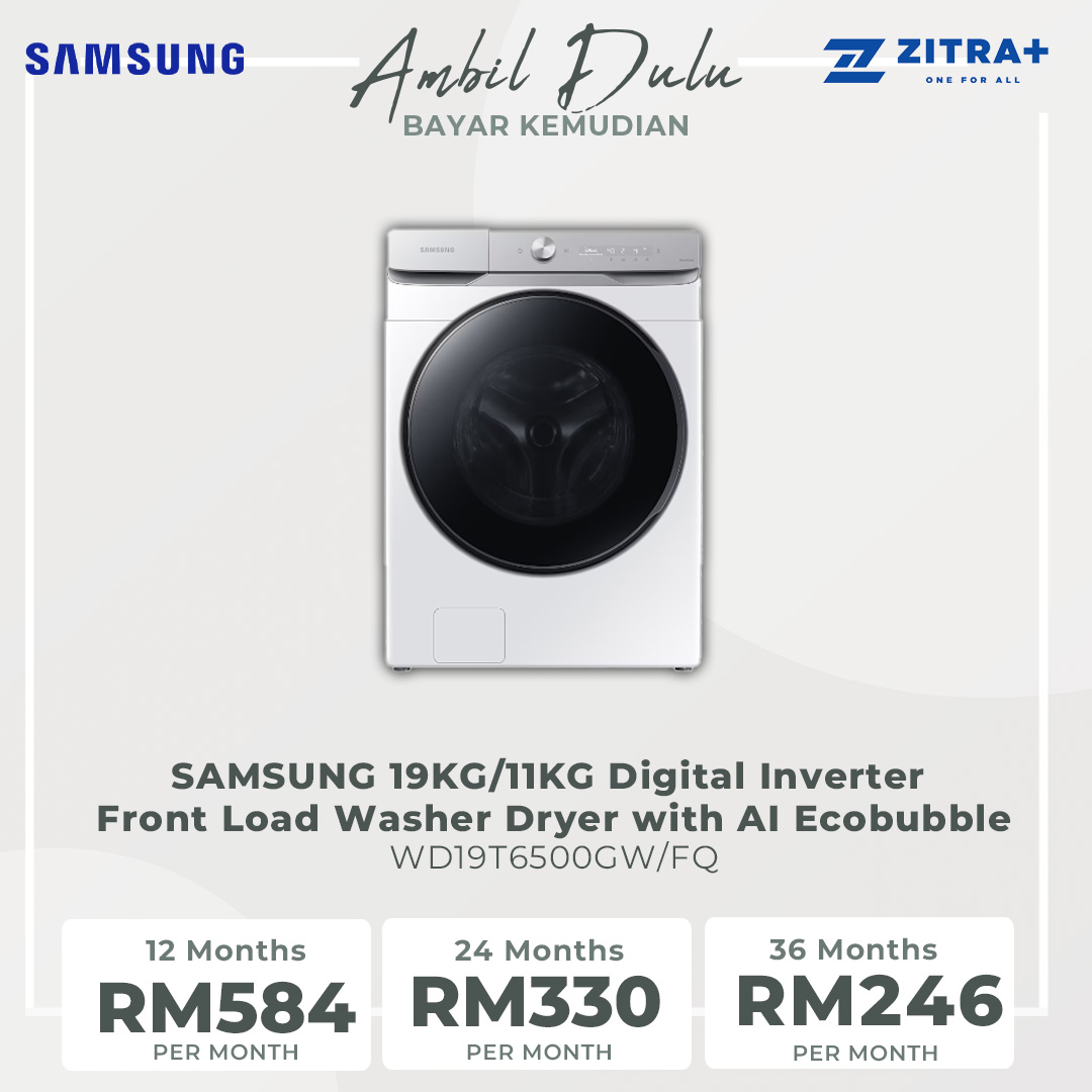 SAMSUNG 19KG/11KG Digital Inverter Front Load Washer Dryer with AI Ecobubble WD19T6500GW/FQ | AI Wash | AI Control | Auto Dispense | Eco Bubble™ | Hygiene Steam | Washer Dryer with 1 Year Warranty