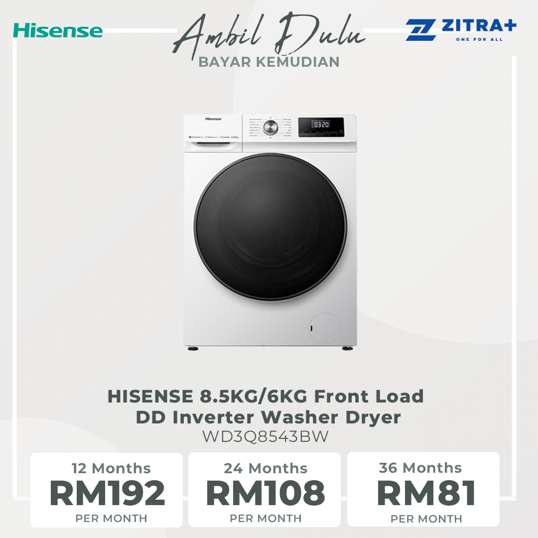 HISENSE 8.5KG/6KG Front Load DD Inverter Washer Dryer WD3Q8543BW | WIFI Control | Pure Steam | Allergy Steam | Durable Inverter | Pure Jet | Drum Clean | Quick Wash | Delay End | Raindrop Drum | Washer Dryer with 2 Year Warranty