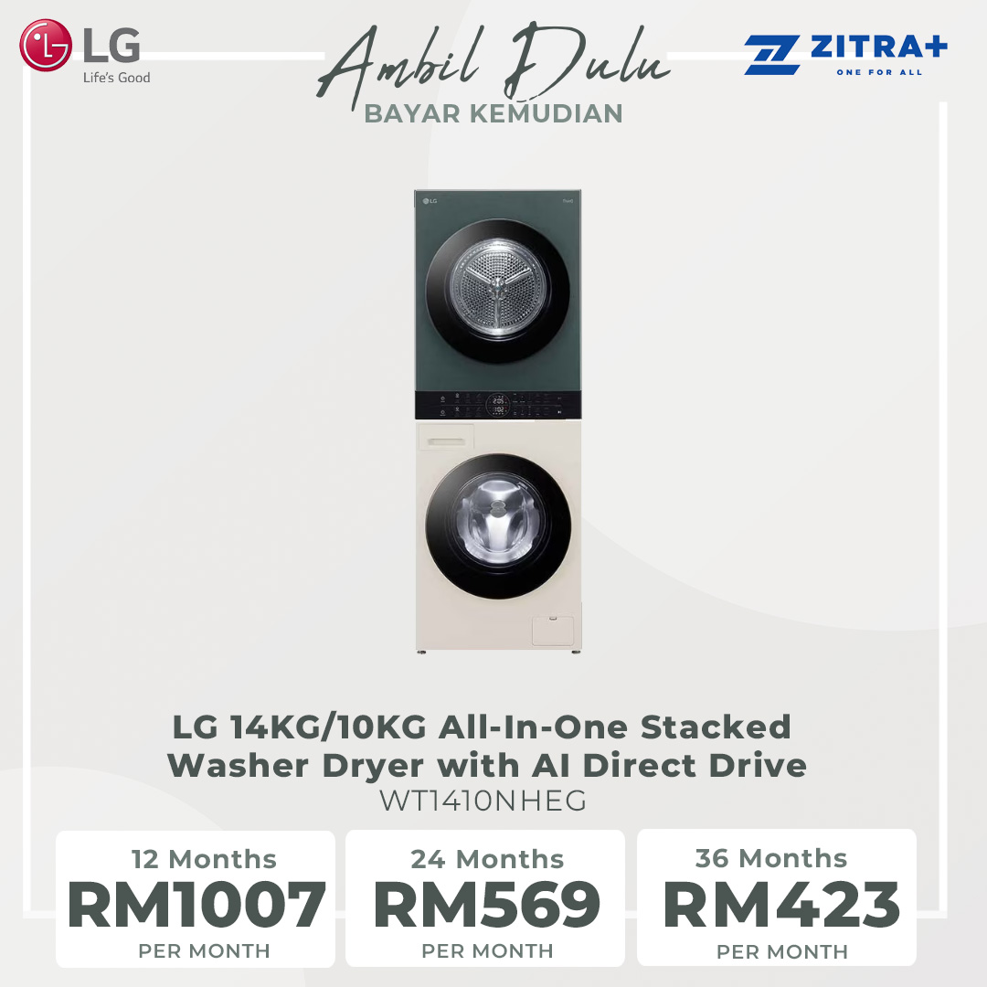 LG 14KG/10KG All-In-One Stacked Washer Dryer with AI Direct Drive Nature WT1410NHEG | TurboWashTM 360 | LG ThinQ app Compatible | Sensor Dry | Washer Dryer with 1 Year Warranty