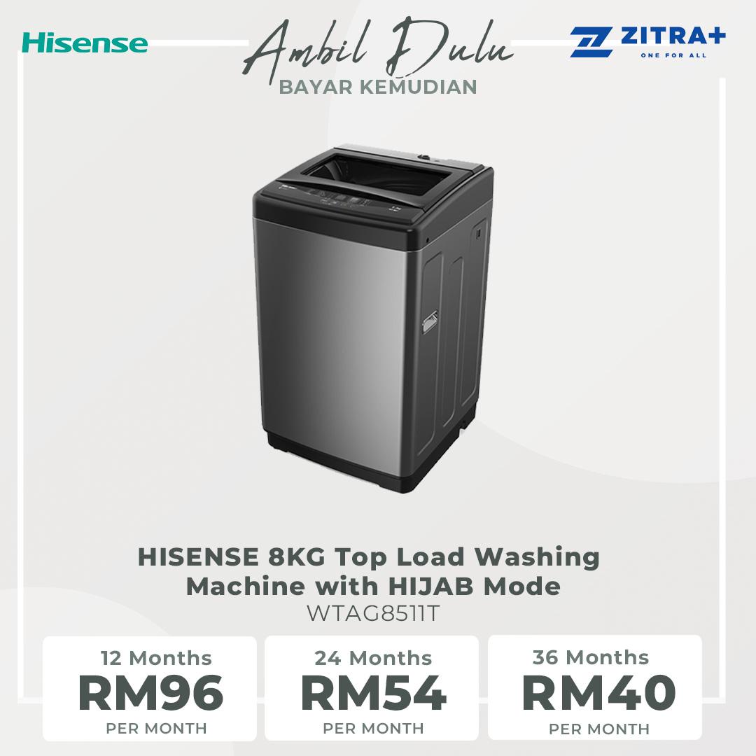 HISENSE 8KG Top Load Washing Machine with HIJAB Mode WTAG8511T | Solid Glass Door | 3D Windmill Impeller | Self Diagnosis | Tub Clean | Small Size Big Power | Washing Machine with 2 Year Warranty
