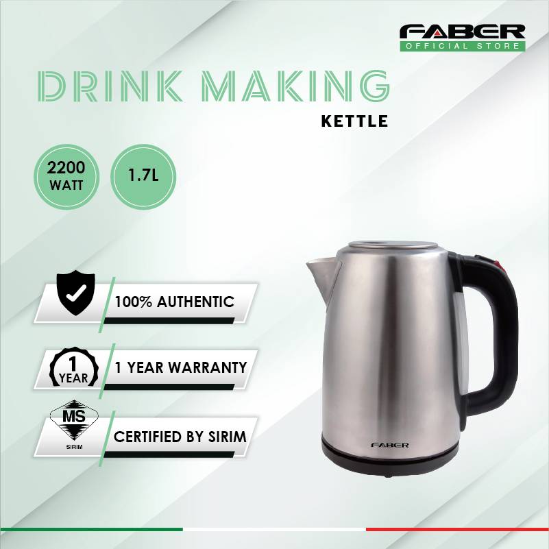 FABER 1.7L Kettle FCK 117SS | 304 Stainless Steel Body | Boil-dry Protection | Auto Turn Off After Water Boil | Power : 2200W | Kettle with 1 Year Warranty