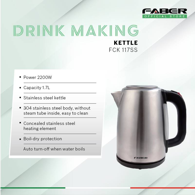 FABER 1.7L Kettle FCK 117SS | 304 Stainless Steel Body | Boil-dry Protection | Auto Turn Off After Water Boil | Power : 2200W | Kettle with 1 Year Warranty
