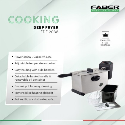 FABER 3L Deep Fryer FDF 2038 | Stainless Steel Housing | Removable Oil Container | Adjustable Temperature Control | Immersed Oil Heating Element | Deep Fryer with 1 Year Warranty