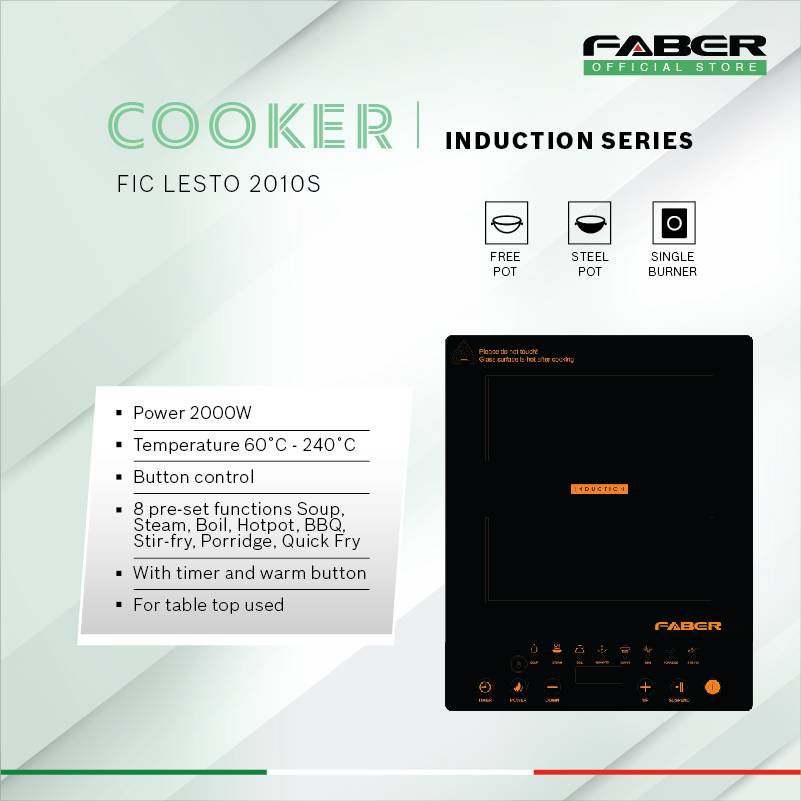 FABER 2000W Induction Cooker FIC LESTO 2010S | 8 Pre-set Functions | Button Control | Table Top Used | Comes with Timer & Warm Button | Induction Cooker with 1 Year Warranty