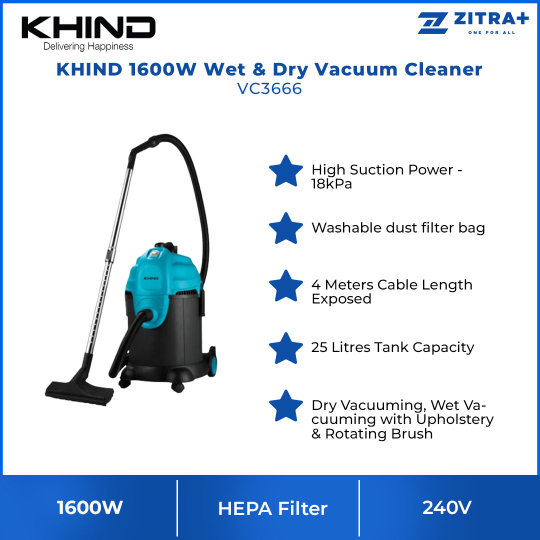 KHIND 1600W Wet & Dry Vacuum Cleaner VC3666 | 4 Meters Cable Length Exposed | HEPA Filter | Washable Dust Filter Bag | Vacuum Cleaner with 1 Year Warranty