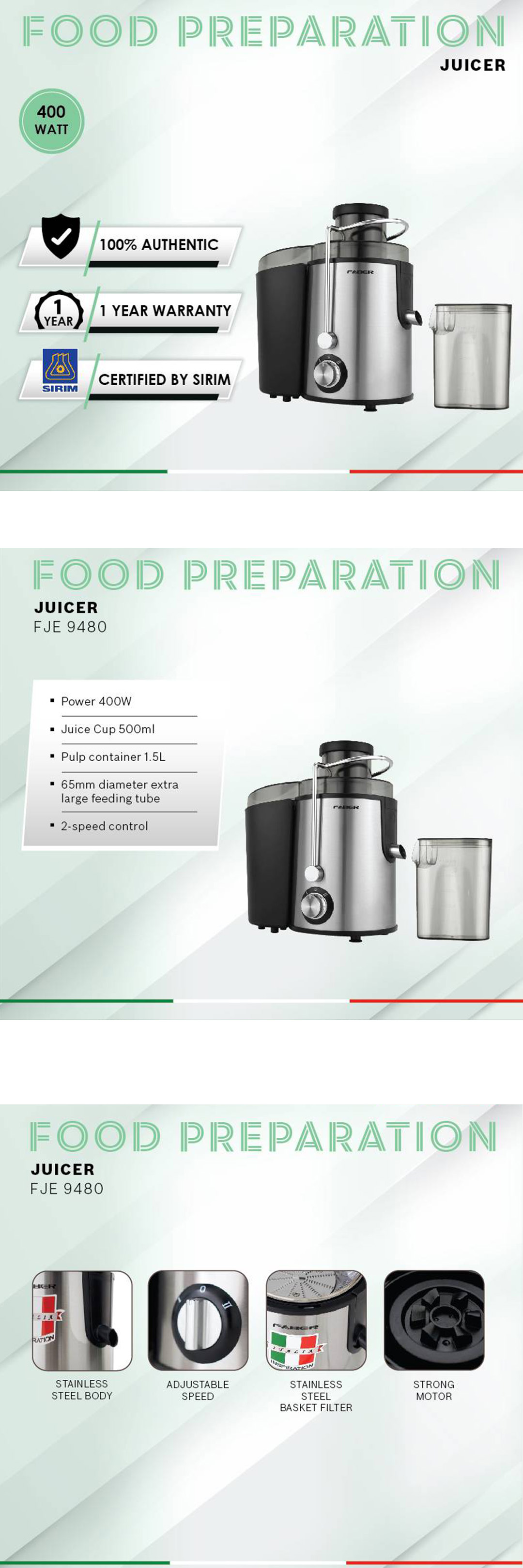 FABER 1.5L Juice Extractors FJE 9480 2Speed Control 65mm Diameter