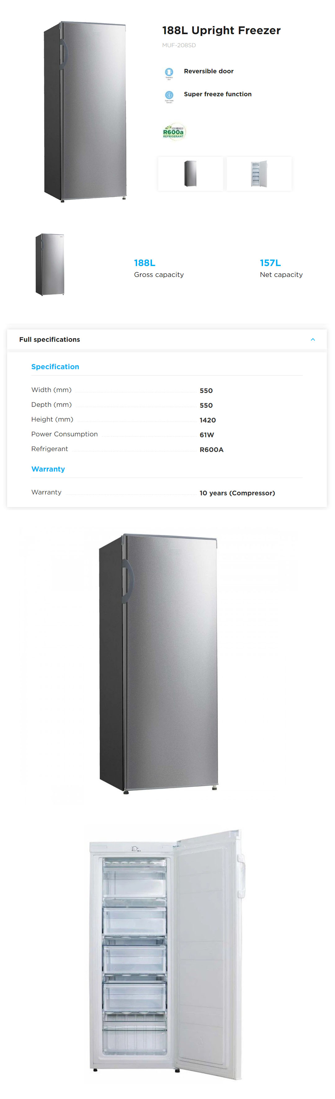 Midea Freezer (188L) Standing Freezer Eco-R600a Super Freeze Function  Upright Freezer MUF-208SD