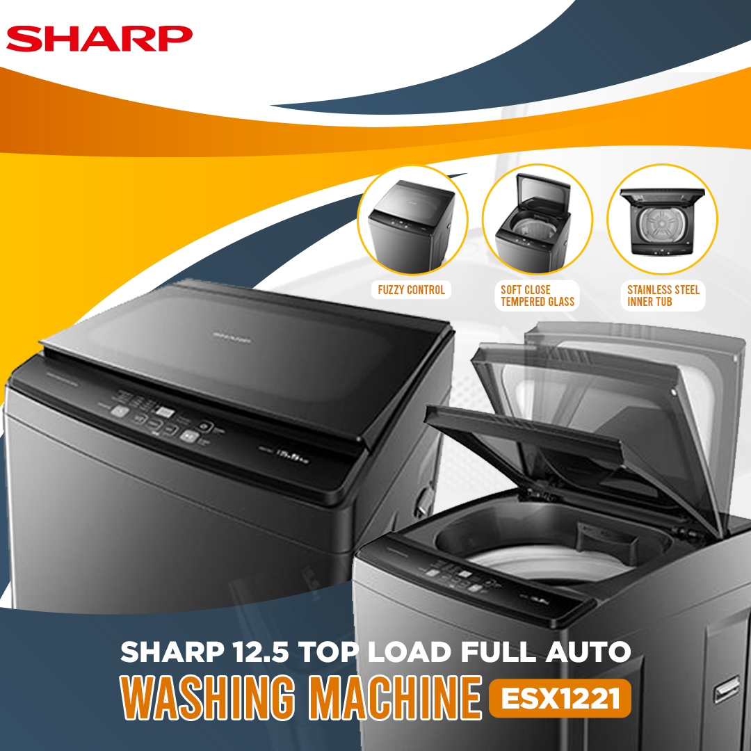 SHARP 12.5KG Top Load Fully Auto Washing Machine ESX1221 | Fuzzy Control | Intelligent Water Fall System | Smart Filter | Soft-Close Tempered Glass | Stainless Steel Drum | Washing Machine with 2 Years General Warranty & 10 Years Motor Warranty