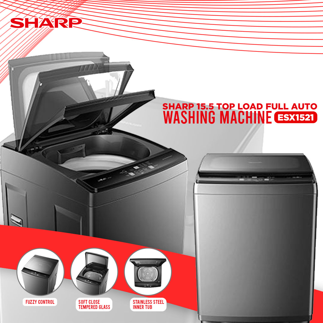 SHARP 15.5KG Top Load Fully Auto Washing Machine ESX1521 | Fuzzy Control | Intelligent Water Fall System | Smart Filter | Soft-Close Tempered Glass | Washing Machine with 2 Years General Warranty & 10 Years Motor Warranty