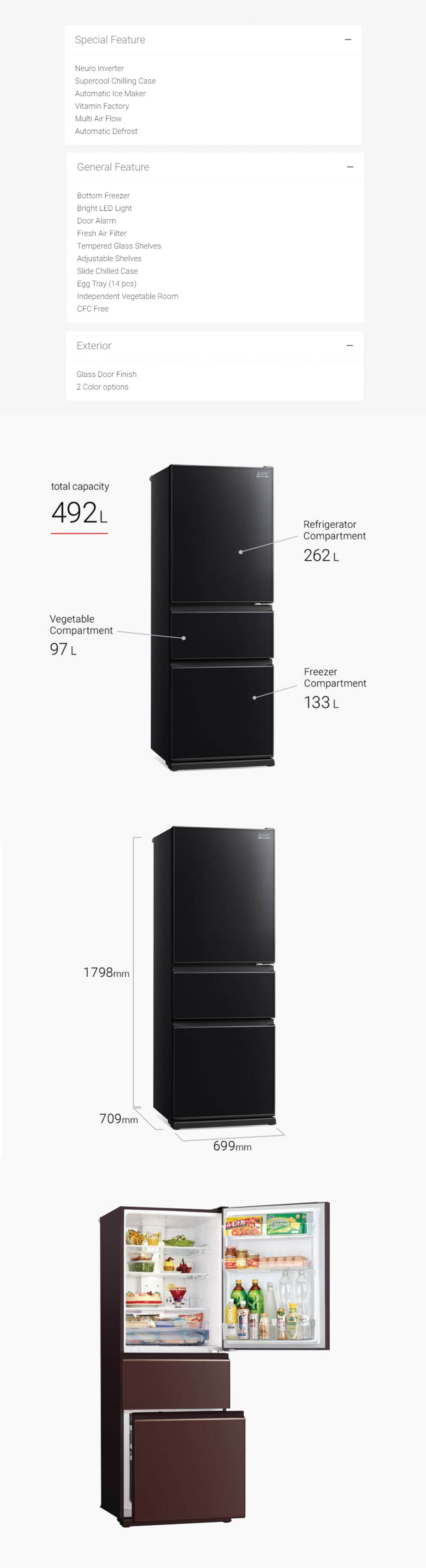 MITSUBISHI 402L 3 Doors Bottom Mount Neuro Inverter Refrigerator MRCG