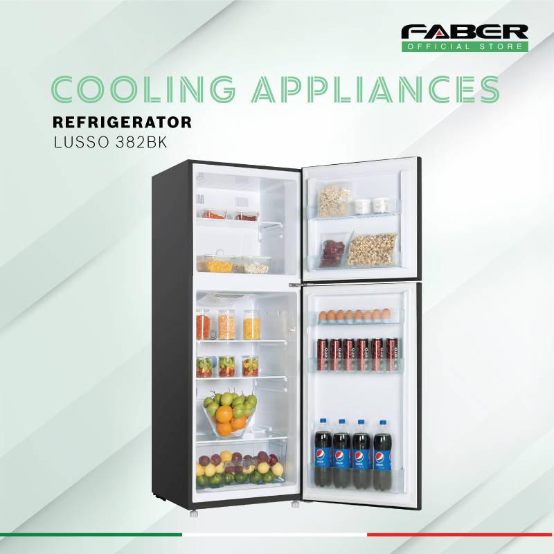 FABER 380L 2 Doors Refrigerator LUSSO 382BK | 20x Stronger Tempered Glass Tray | Refrigerant R600a | Fridge with 1 Year Warranty & Compressor with 10 Years Warranty