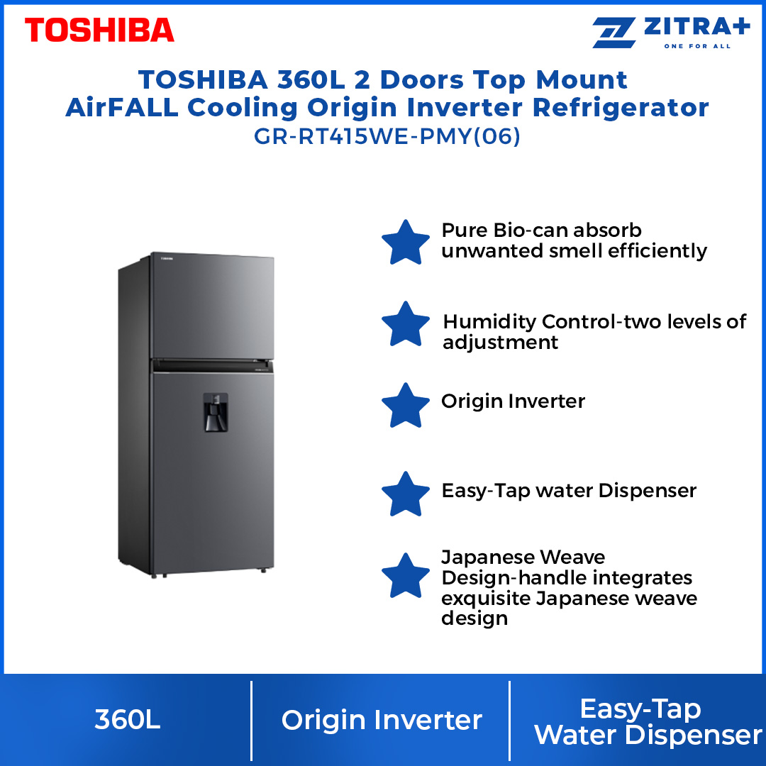 TOSHIBA 360L 2 Doors Top Mount AirFALL Cooling Origin Inverter Refrigerator GR-RT415WE-PMY(06) | 5-Star Energy Efficiency | Humidity Control | Cooling Zone | Water Dispenser | Refrigerator with 1 Year Warranty
