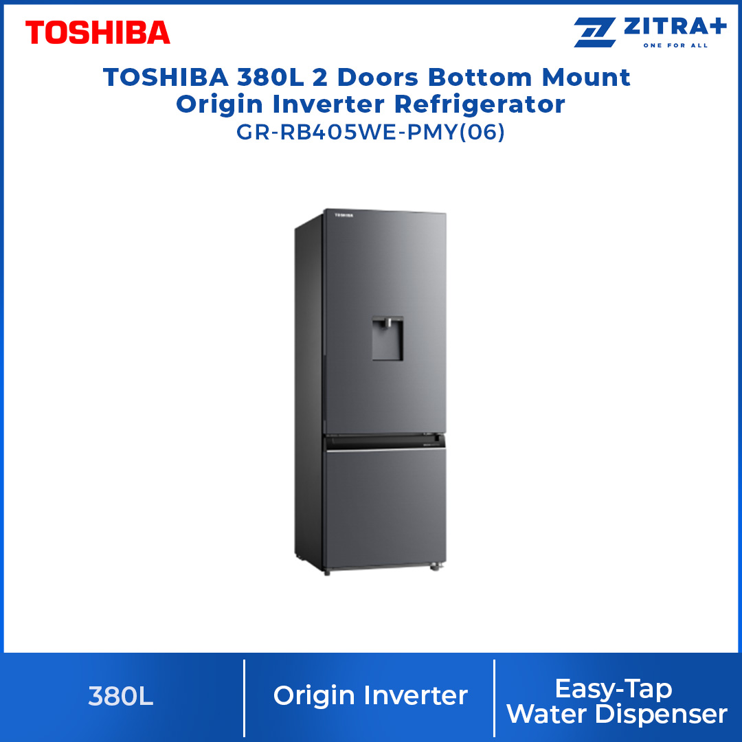 TOSHIBA 380L 2 Doors Bottom Mount Origin Inverter Refrigerator GR-RB405WE-PMY(06) | Water Dispenser | Folded Shelf | Electronic Control | Mega Ice | Refrigerator with 1 Year Warranty