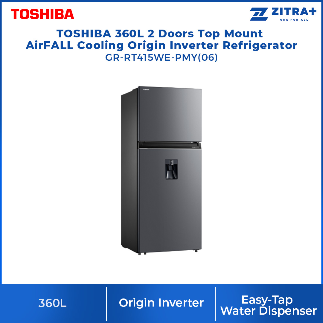 TOSHIBA 360L 2 Doors Top Mount AirFALL Cooling Origin Inverter Refrigerator GR-RT415WE-PMY(06) | 5-Star Energy Efficiency | Humidity Control | Cooling Zone | Water Dispenser | Refrigerator with 1 Year Warranty