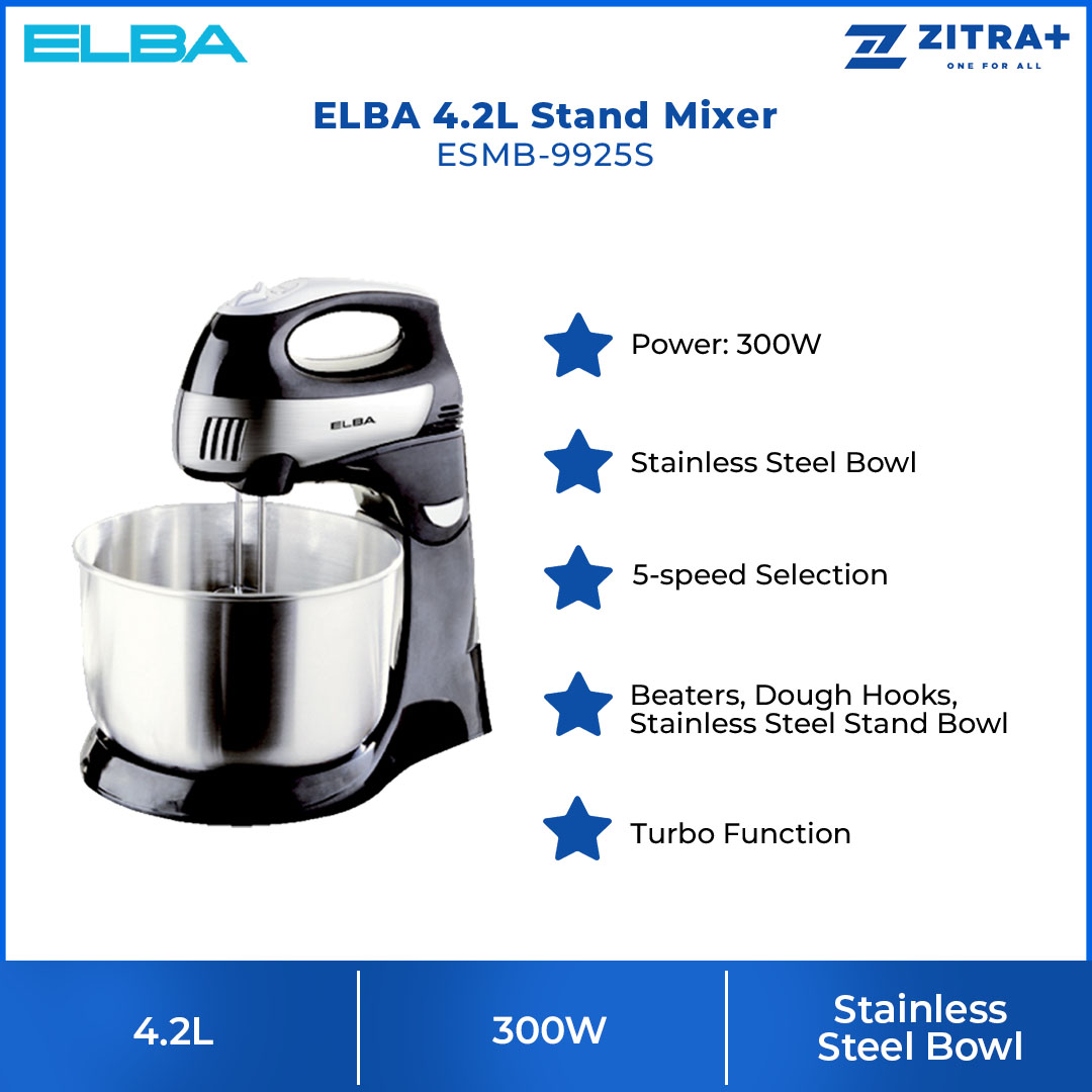 ELBA 4.2L Stand Mixer ESMB-9925S | Included Beaters, Dough Hooks, Stainless Steel Stand Bowl | Turbo Function | Eject Function | Stand Mixer with 1 Year Warranty